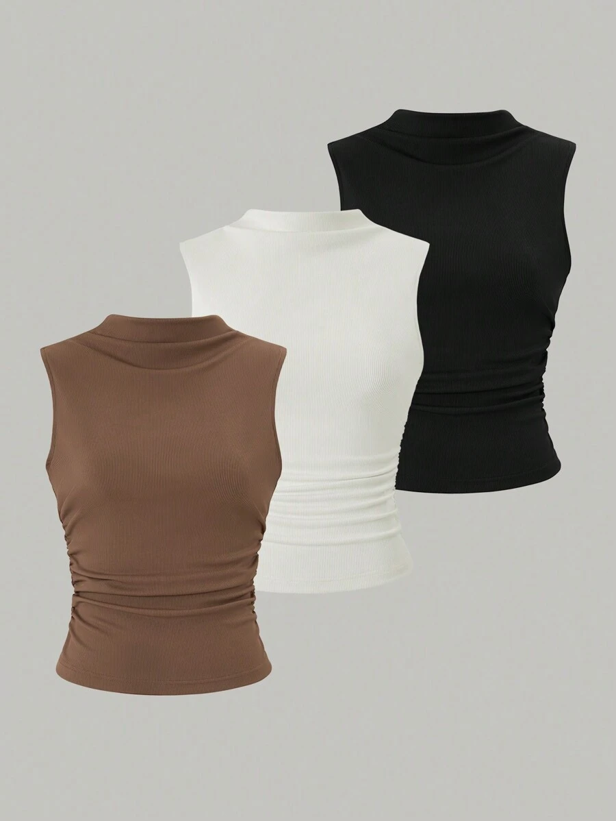 SHEIN LUNE 3pcs Màu thuần Xếp li Áo ba lỗ Bộ - Nhiều màu - Xem 1