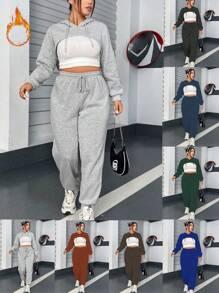 Flirla Hơn Thả vai Dây rút Áo Hoodie Super Crop & Quần nỉ Không có Áo ba lỗ - Xanh đậm - Xem 1