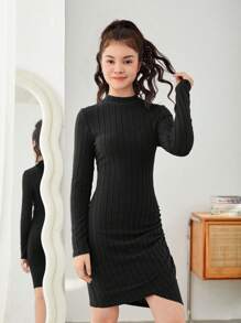Váy dệt kim dành cho tuổi teen có cổ đứng, chi tiết xếp nếp - màu đen - Xem 6