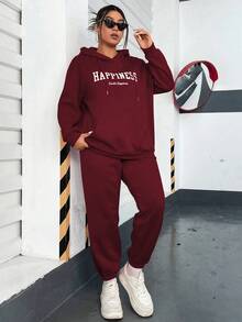 Flirla Hơn Đồ họa Chữ cái Túi kangaroo Lót nhiệt Dây rút Áo Hoodie & Quần thể thao - Màu Đỏ Sâu - Xem 7