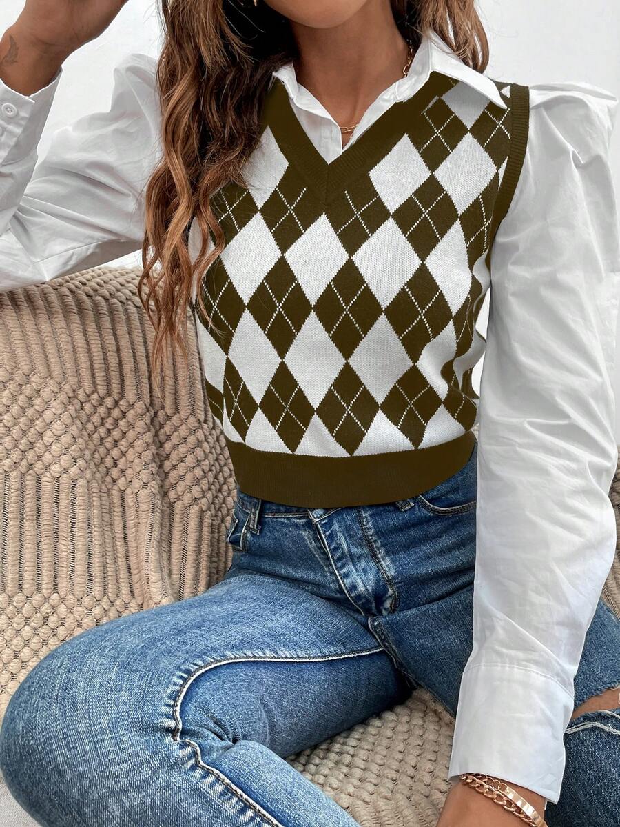 SHEIN Essnce 菱形圖案毛衣背心 - 卡其色 - 查看 1