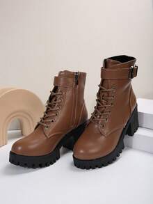 女用繫帶高跟粗跟踝靴,時尚側拉鍊靴,百搭摩托車靴 - 棕色 - 查看 3