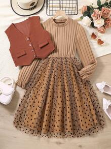 SHEIN 秋冬款鈕扣前背心+針織長袖愛心圖案蕾絲裙 - 卡其色 - 查看 1