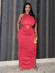 Slaydiva Plus Mesh Insert Ruched Split Thigh Halter Dress - Hot Pink - View 5