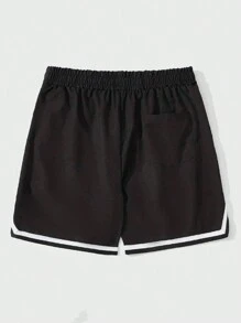 ROMWE MEN Prep Guys Letter Striped Trim Shorts - Black - View 2