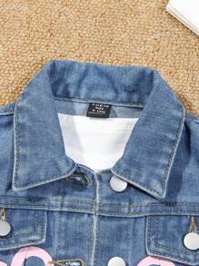 SHEIN 女嬰心形圖案假口袋牛仔夾克 - 中等水洗藍 - 查看 3