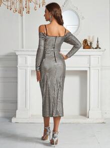 SHEIN Belle 銀色露肩開衩前開叉女派對裙 - 銀色 - 查看 2