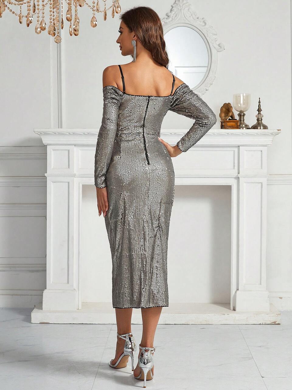 Open Shoulder Slit Front Silver-Plated Women Party Dress