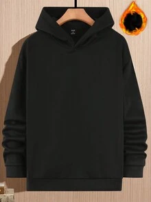 Manfinity Hypemode Men's Coconut Tree & Letter Print Drop Shoulder Hooded Fleece Sweatshirt - Black - View 2