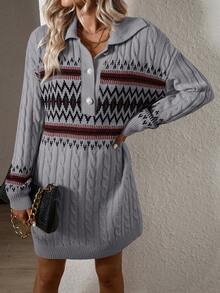 SHEIN Clasi Geometric Pattern Buttons Half Open Cardigan Sweater Dress - Grey - View 4