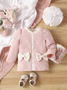 2pcs Baby Girls' Elegant Patchwork Bowknot Decor Long Sleeve Coat For Daily Wear In Autumn And Winter