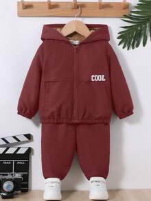 SHEIN Infant And Child Unisex Casual Fleece Hooded Jacket And Trousers Two-piece Set - Burgundy - View 6