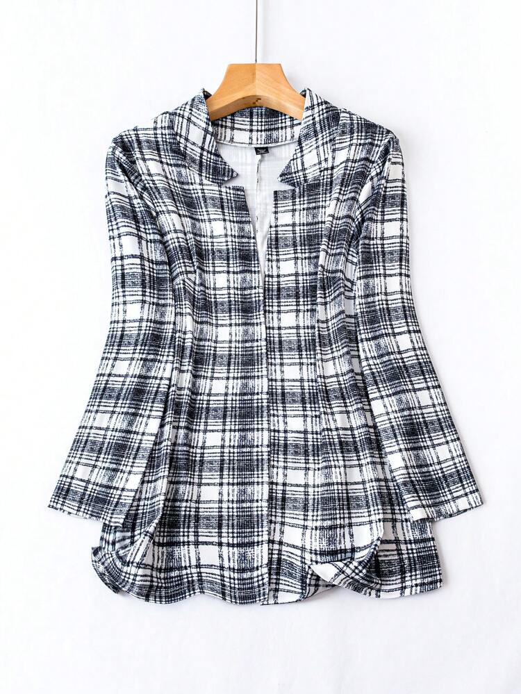 Plus Plaid Print Lapel Neck Coat Fall Cloth For Women