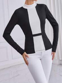 SHEIN Privé Của phụ nữ Tương phản Đứng cổ áo Áo thun - Đen và trắng - Xem 1