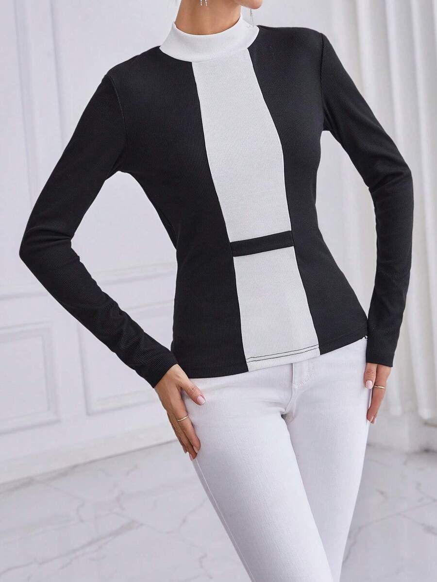 SHEIN Privé Của phụ nữ Tương phản Đứng cổ áo Áo thun - Đen và trắng - Xem 1