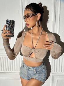 SHEIN Unity Hollow Out Halter Cropped T-shirt - Khaki - View 5