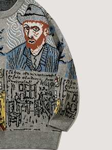 ANDREILEE 男士梵高画作灵感休闲街头风宽松圆领长袖毛衣 - 灰色 - 查看 4