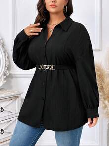 SHEIN LUNE 加大碼下肩帶扣襯衫 - 黑色 - 查看 5