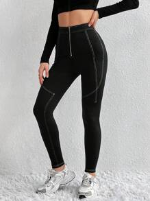 SHEIN Essnce سروال نسائي طويل مضغوط ومزين بسحاب ودرز علوي ضيق - الأسود - مشاهدة 3