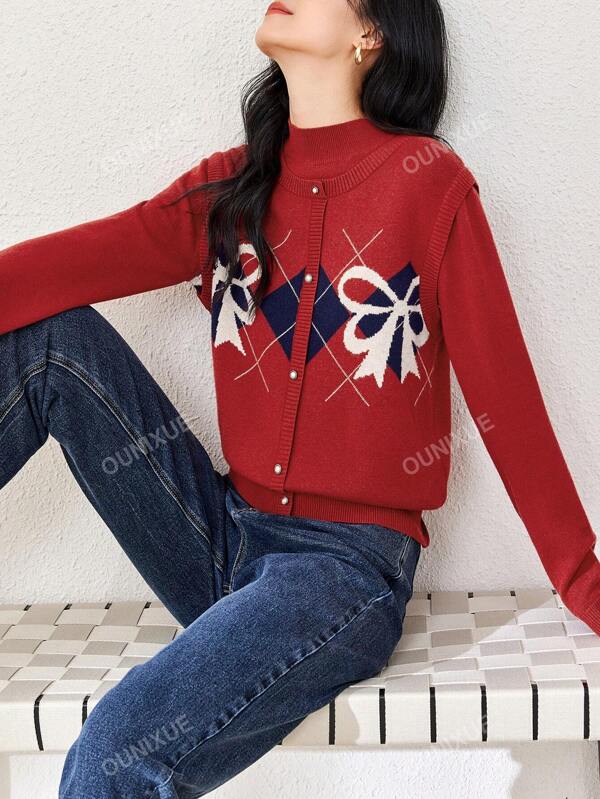 Autumn & Winter Design Casual Half High Collar Bowknot & Geometric Pattern Sweater, Fashionable Women's Top