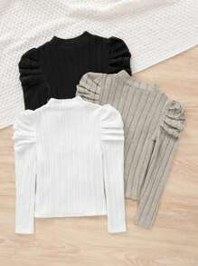 SHEIN Tween 女童休闲长袖立领 T 恤，羊腿袖设计，多件装 - 彩色 - 查看 2