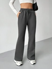 SHEIN EZwear 女士抽繩高腰慢跑褲 - 灰色 - 查看 5