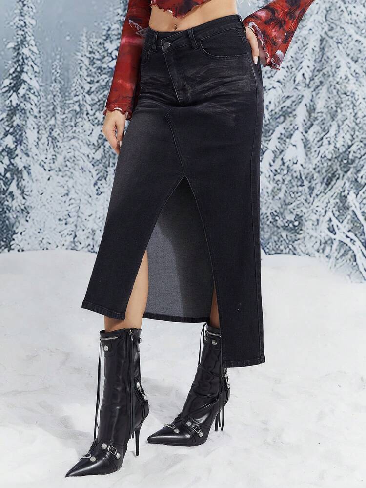 High Waist Split Thigh Denim Skirt