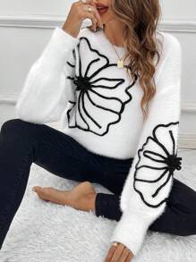 SHEIN LUNE 3D Hoa Giải trí Của phụ nữ Áo len - trắng - Xem 1