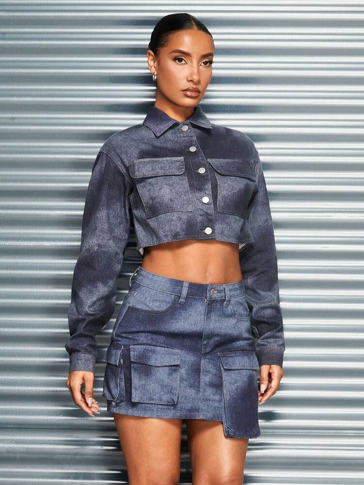 Women'S Cargo Denim A-Line Skirt With Pockets