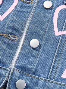 SHEIN 女嬰心形圖案假口袋牛仔夾克 - 中等水洗藍 - 查看 6