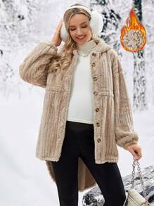 SHEIN Abrigo con capucha de unicolor esponjoso de maternidad con diseño de hombros caídos, para invierno - Caqui - Ver 1