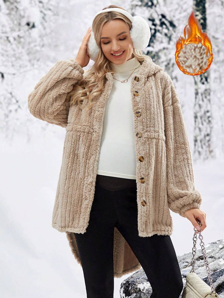 SHEIN Abrigo con capucha de unicolor esponjoso de maternidad con diseño de hombros caídos, para invierno - Caqui - Ver 1