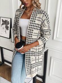 SHEIN Essnce Women's Houndstooth Double Pocket Cardigan - Multicolor - View 1
