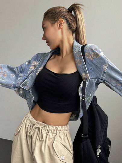 DAZY 女士花卉印花开襟牛仔夹克 Y2k