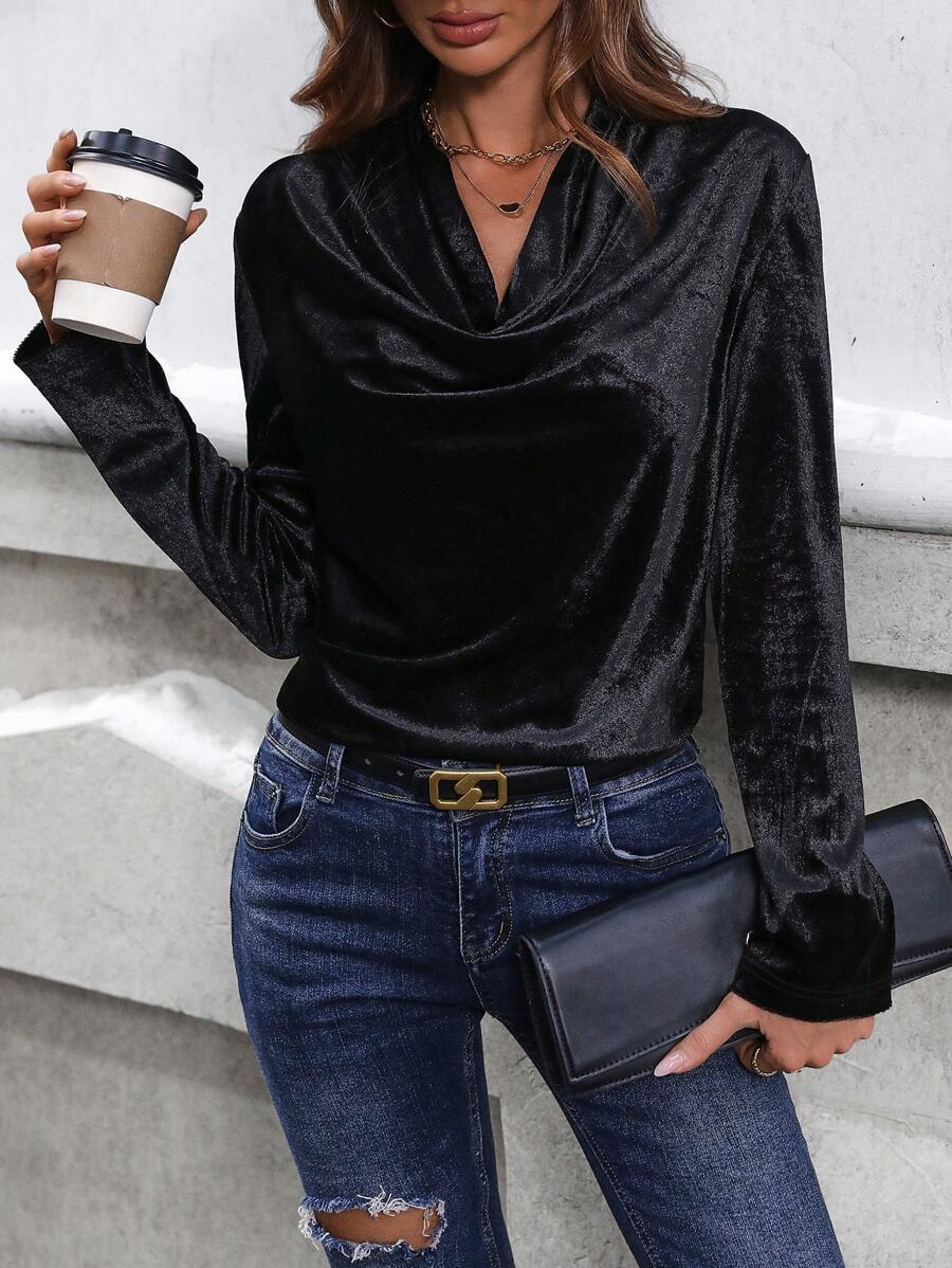 SHEIN Privé 針織高領設計的優雅天鵝絨襯衫,附帶腰帶,適合女性辦公室穿著 - 黑色 - 查看 1