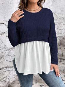 SHEIN LUNE 大碼顏色對比假兩件上衣適合女士 - 藏蓝色 - 查看 3