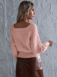 SHEIN LUNE Square Collar Solid Cable Knitted Sweater - Red - View 2