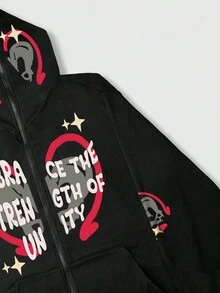 ROMWE MEN Street Life 男士字母&圖案拉鏈連帽衫 - 黑色 - 查看 5