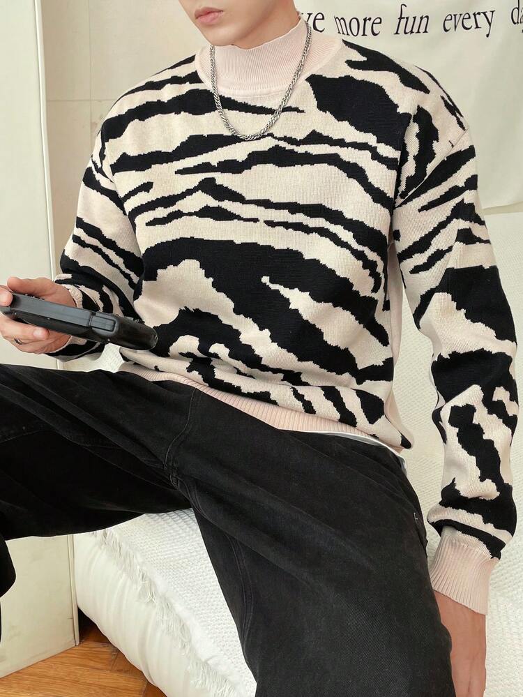 Men's Zebra Pattern High Collar Sweater