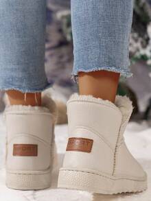 女性保暖荔枝紋pu皮雪地靴,低筒設計,白色時尚款 - 米色 - 查看 3