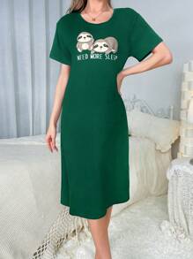 Cartoon Sloth Printed Sleep Dress Pajama Dress - Green - View 5