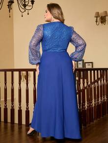 Plus Contrast Sequin Lantern Sleeve Dress - Blue - View 2