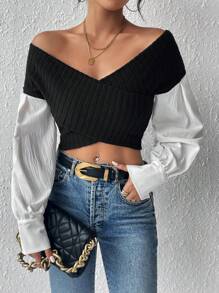 SHEIN Privé Top De Mujer Con Bloques De Color Y Hombros Cruzados - Blanco y Negro - Ver 1