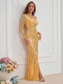 1 件单肩高开叉亮片鸡尾酒礼服 - 黃色 - 查看 6