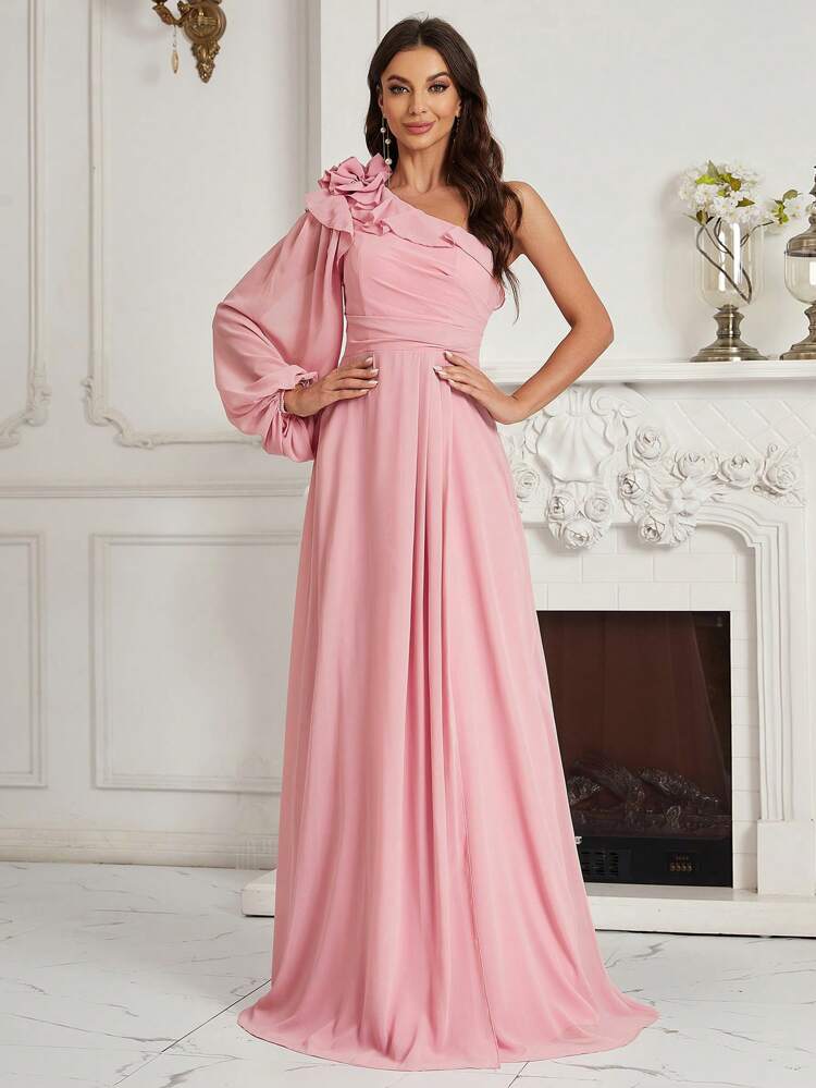 Adults' Ruched, Ruffled, Floral One Shoulder Bridesmaid Dress With Flounce Detail