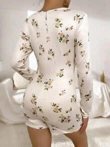 Floral Patterned Romper Pajamas - Apricot - View 2