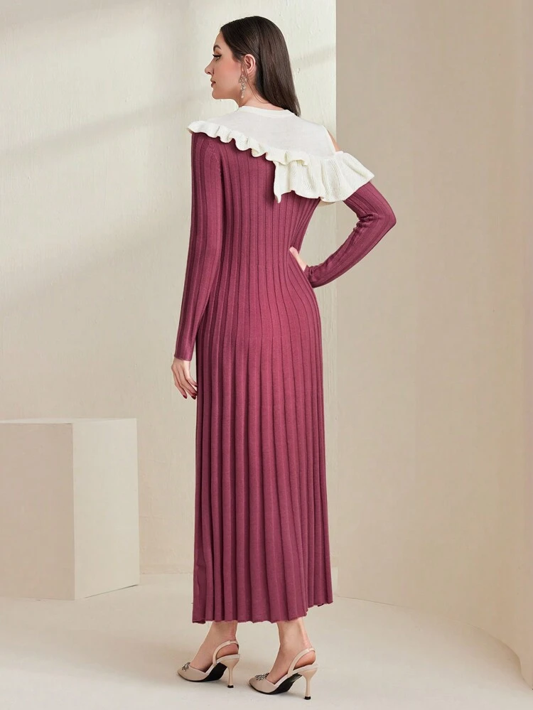 Women'S Ruffle Detail Ribbed Long Sleeve Sweater Dress