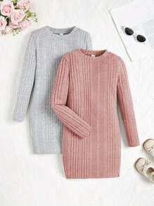 少女 2 件套长袖罗纹针织连衣裙 - 粉色 - 查看 1