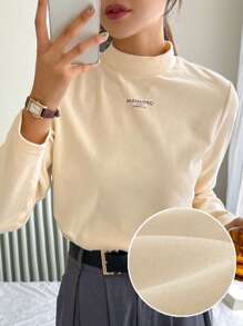 DAZY Letter Graphic Mock Neck Tee Long Sleeve Women Tops,Thermal Lined - Apricot - View 1
