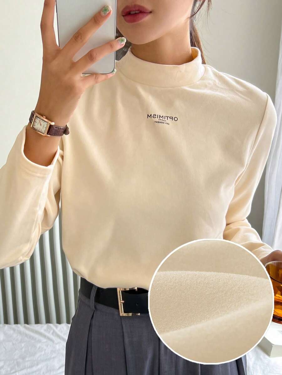 DAZY Letter Graphic Mock Neck Tee Long Sleeve Women Tops,Thermal Lined - Apricot - View 1